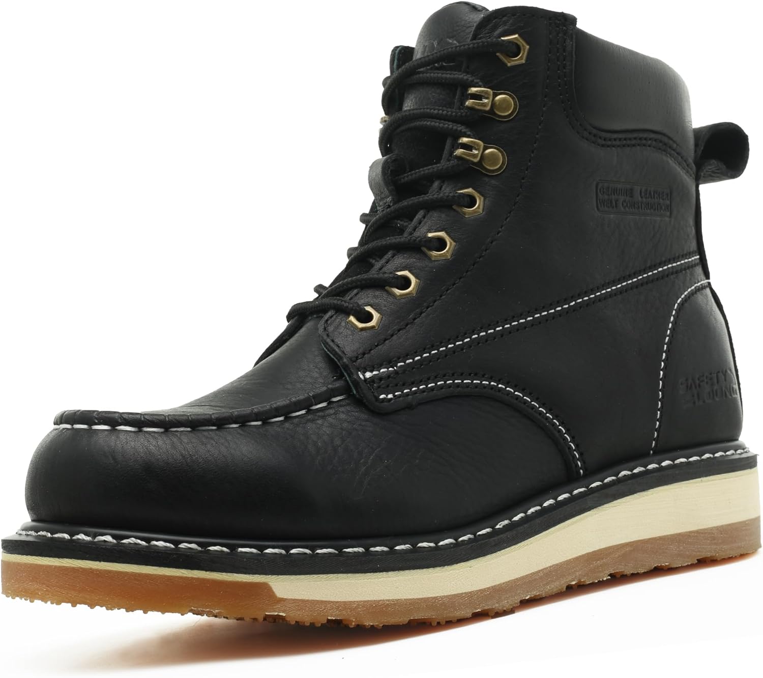Men's work boots in black leather with wedge sole on construction site