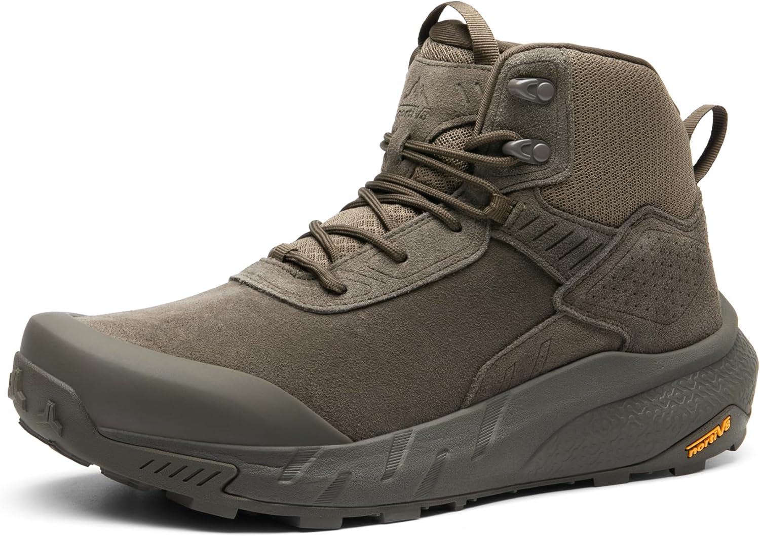 Men's military boots in black color on a rocky terrain