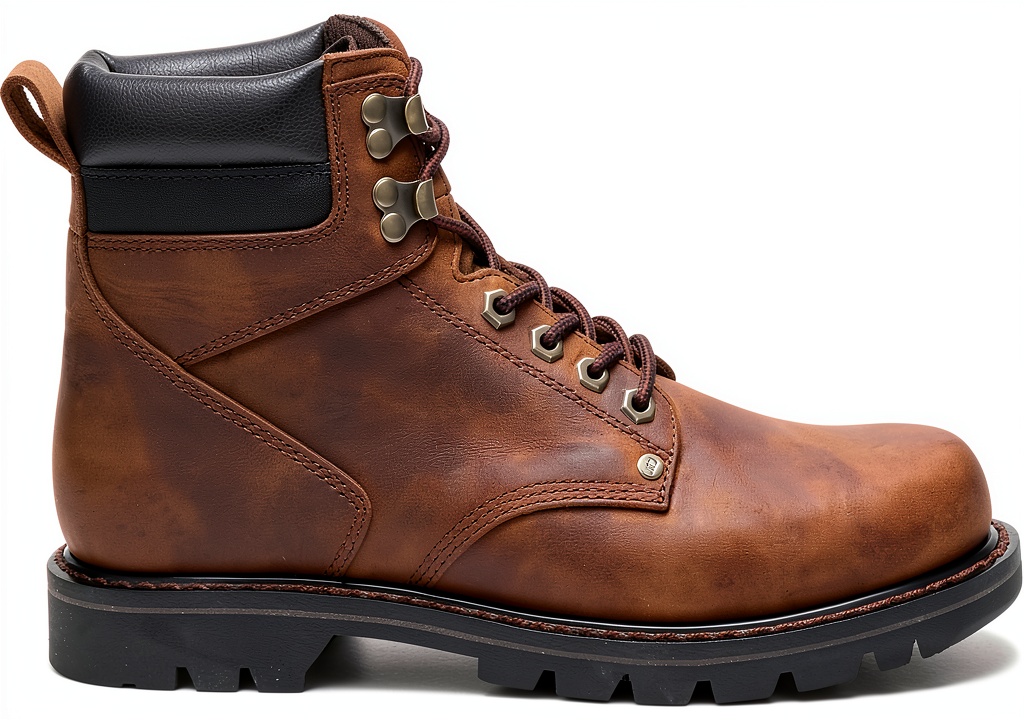 Caterpillar leather work boots in Dark Brown color on a construction site
