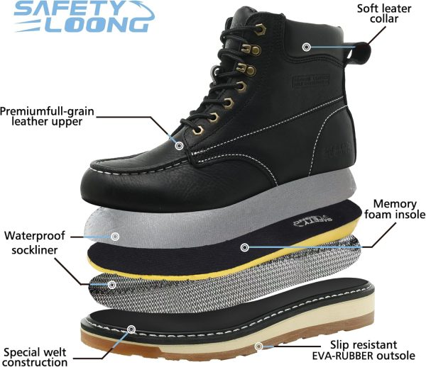 Men's Work Boots Waterproof Steel Toe Full Grain Leather-3