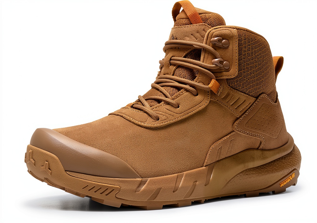 Mens tactical boots in black color on rugged terrain