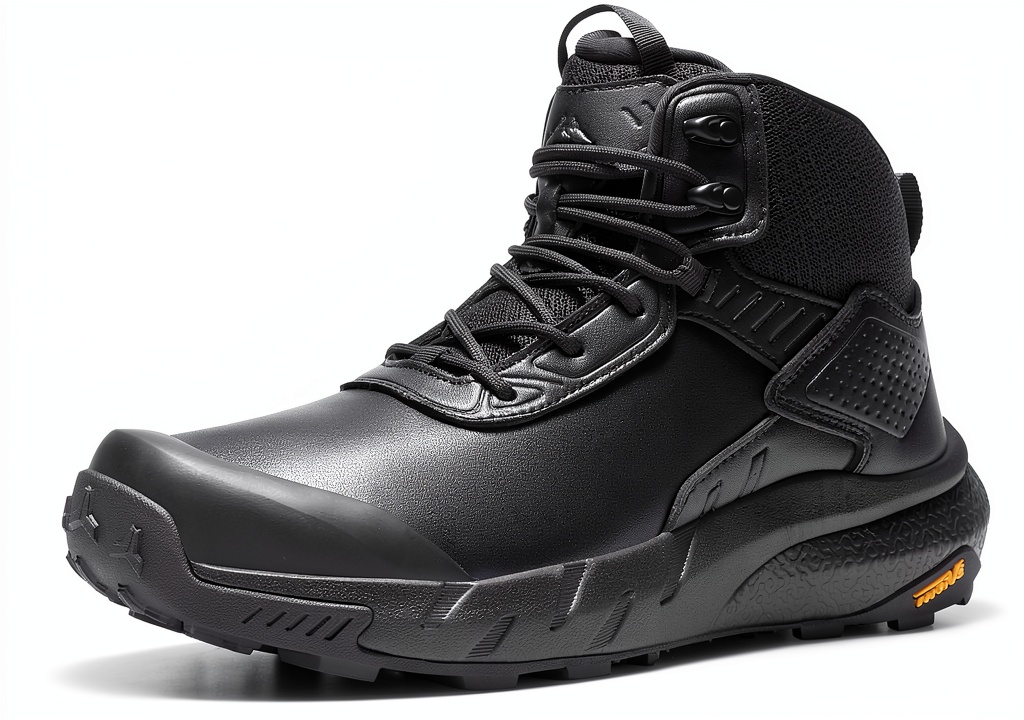 Men's tactical boots in black color on a rugged terrain