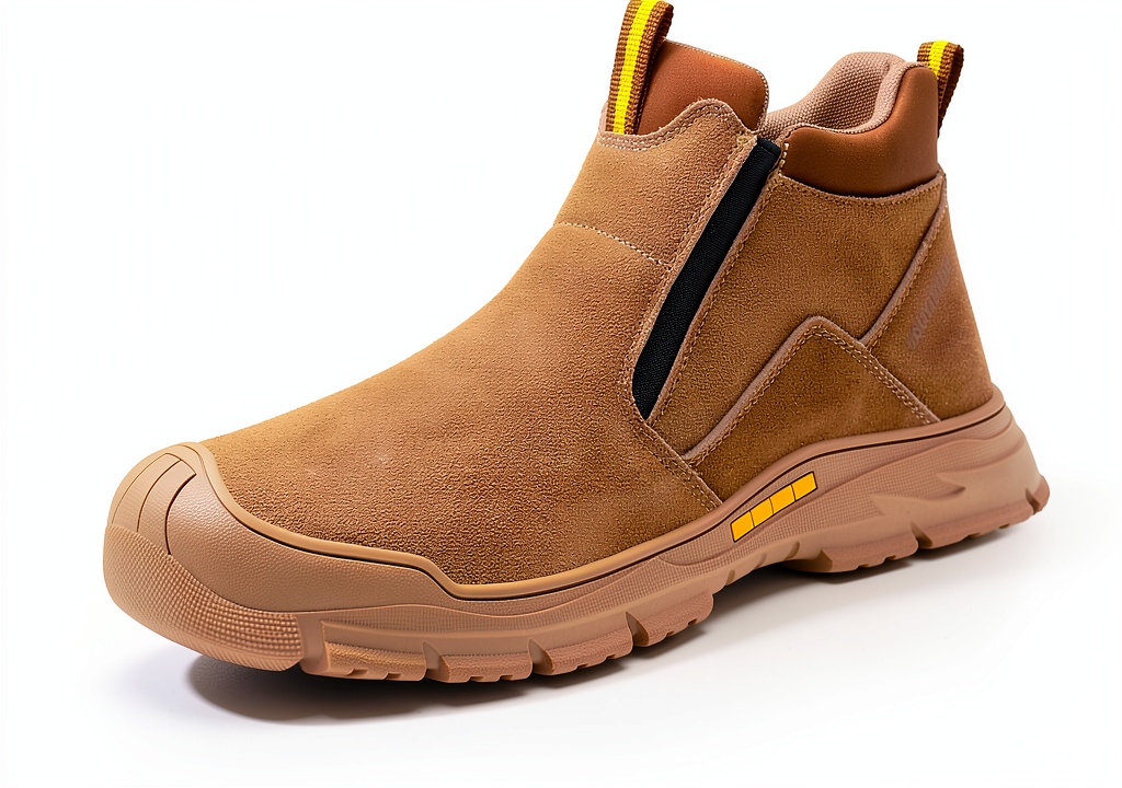 Worker wearing Pavo steel toe slip‑on shoes on a construction site