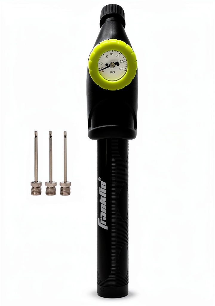 Franklin Sports hand pump being used on a soccer ball outdoors